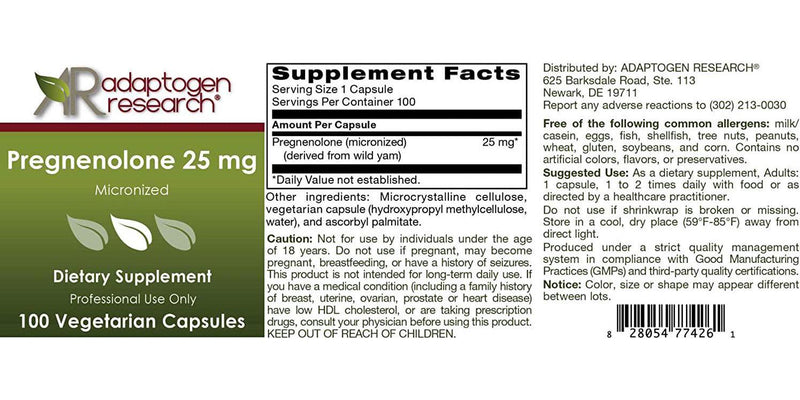 Adaptogen Research Pregnenolone 25mg Micronized Form Derived from Wild Yam | Highly Bioavailable and Micronized for Superior Absorption | Hypoallergenic | 100 Vegetarian Capsules