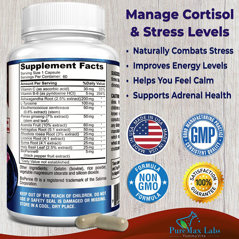 Adrenal Support, Cortisol Manager, Adrenal Health, Maintain Balanced Cortisol Levels, Stress Relief Supplement with Ashwagandha, L-Tyrosine - 60 Capsules