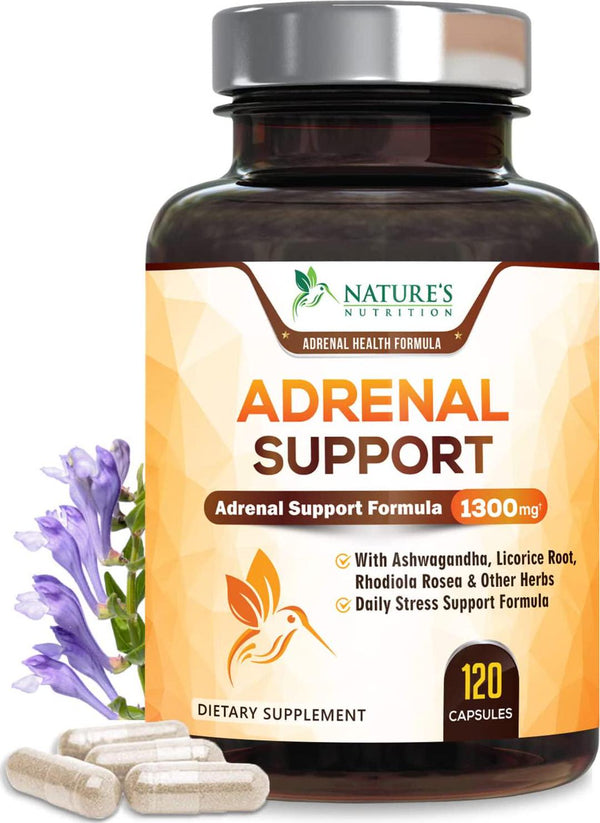 Adrenal Support and Cortisol Manager Health Complex 1300mg - Max Potency Stress Relief and Adrenal Fatigue Supplement with Ashwagandha, Licorice Root, Rhodiola Rosea and Other Herbs, Non-GMO - 120 Capsules