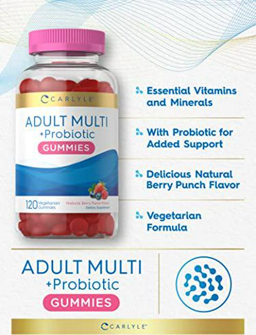 Adult Multivitamins Gummies | with Probiotic | 120 Count | Berry Punch Flavor | Vegetarian, Non-GMO, Gluten Free Supplement | by Carlyle