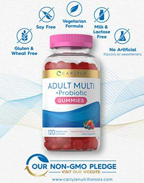 Adult Multivitamins Gummies | with Probiotic | 120 Count | Berry Punch Flavor | Vegetarian, Non-GMO, Gluten Free Supplement | by Carlyle