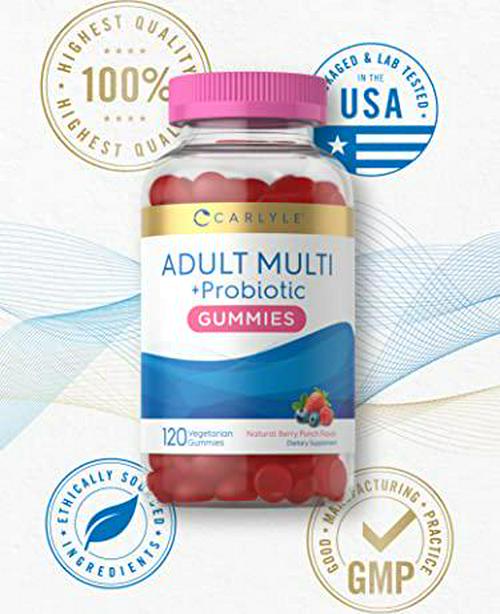 Adult Multivitamins Gummies | with Probiotic | 120 Count | Berry Punch Flavor | Vegetarian, Non-GMO, Gluten Free Supplement | by Carlyle