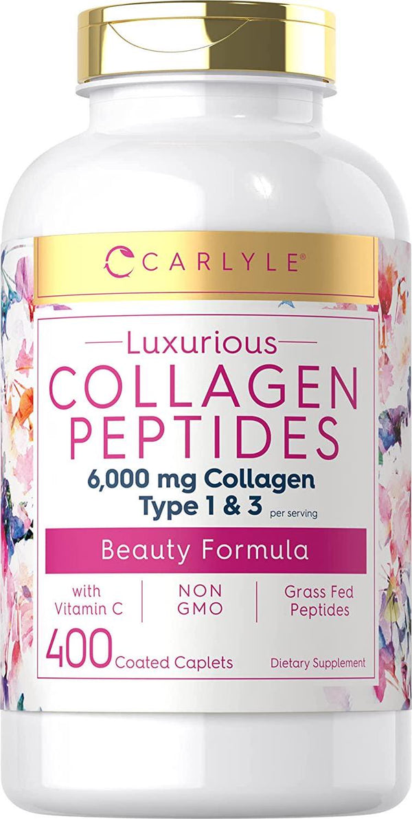 Advanced Collagen Peptides | 400 Caplets | 6000mg, Grass Fed, with Vitamin C Type 1 and 3 | Non-GMO, Gluten Free Supplement | Hair, Skin and Nails Pills by Carlyle