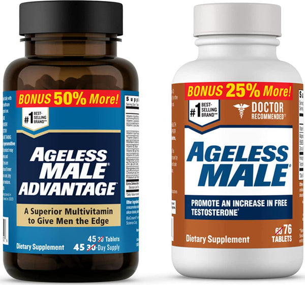 Ageless Male Free Testosterone Booster for Men and Ageless Male Advantage Premium Multivitamin for Men 50 Plus - Increase Free Testosterone + Once Daily Multivitamin with Brain and Cholesterol Care
