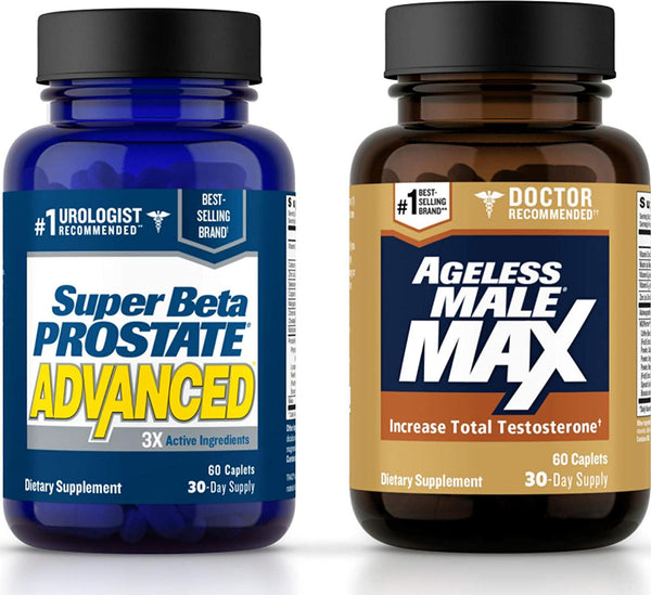 Ageless Male Max Total Testosterone Booster and Super Beta Prostate Advanced Prostate Supplement for Men - Boost Testosterone and Reduce Frequent Nighttime Bathroom Trips. Ultimate Men&#039;s Health Package