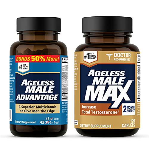 Ageless Male Max Total Testosterone Booster and Ageless Male Advantage Premium Multivitamin for Men 50 Plus - Boost Total Testosterone + Brain and Cholesterol Care