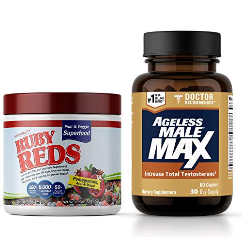 Ageless Male Max Total Testosterone Booster and Ruby Reds Superfood Supplement - Boost Total Testosterone and Support Overall Health with Powerful Fruit and Vegetable Superfood