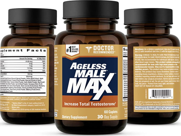 Ageless Male Max Total Testosterone Booster for Men Reduce Fat Faster Than Exercise Alone and Increase Nitric Oxide with Powerful, Safe Total Test Booster (60 Caplets, 1-Bottle)