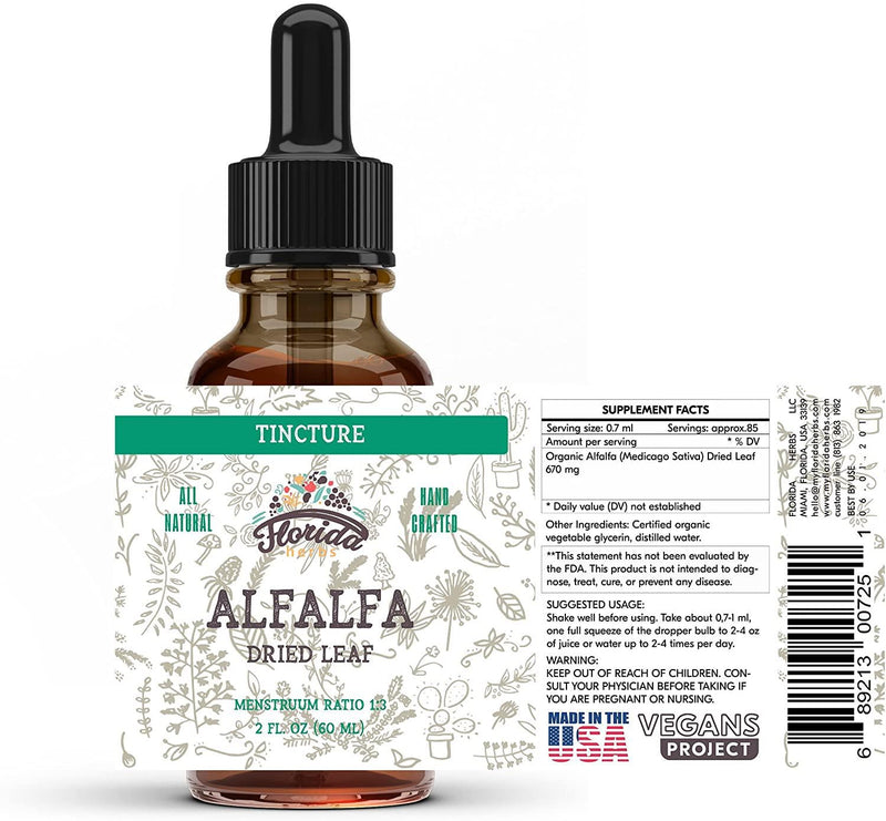 Alfalfa Tincture, Organic Alfalfa Extract (Medicago Sativa) Dried Leaf, Antioxidant Extract for Immune Support, Non-GMO in Cold-Pressed Organic Vegetable Glycerin 2 oz, 670 mg