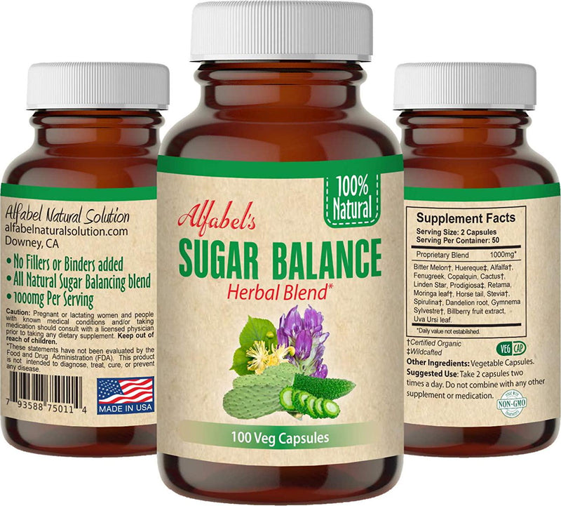 All Natural Sugar Balance - 100 Veg Caps - 17 Super Herbs - Healthy Glucose Levels - Bitter Melon, Huereque, Cactus (Nopal), Alfalfa, Fenugreek, Copalquin, Linden Star, Billberry Fruit, Uva Ursi