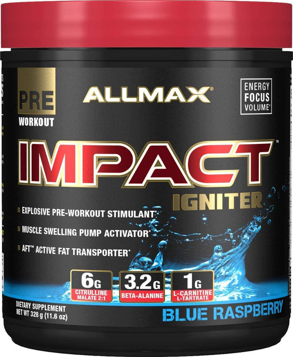 Allmax Nutrition Impact Igniter, Pre-Workout Supplement, Blue Raspberry, 328G