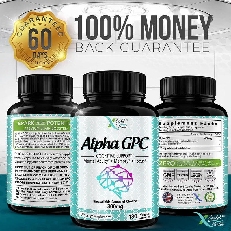Alpha GPC Choline Supplement 600mg, 99%+ Highly Purified, Highly Bioavailable Source of Choline,180 Veggie Capsules, Cognitive Enhancer Nootropic, Supports Memory and Brain Function, Boosts Focus and Mood