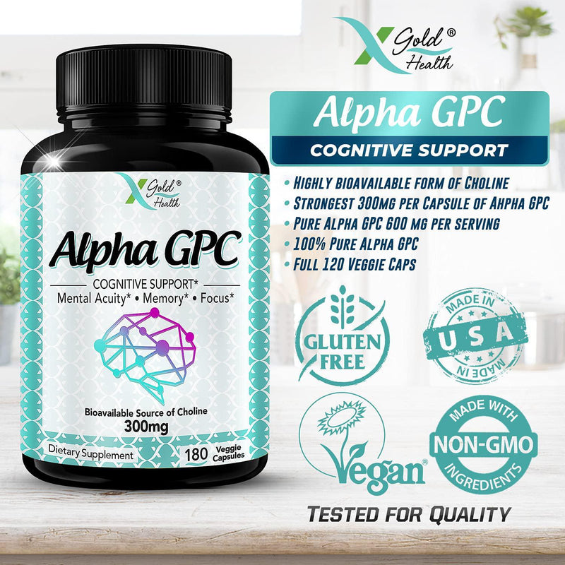 Alpha GPC Choline Supplement 600mg, 99%+ Highly Purified, Highly Bioavailable Source of Choline,180 Veggie Capsules, Cognitive Enhancer Nootropic, Supports Memory and Brain Function, Boosts Focus and Mood