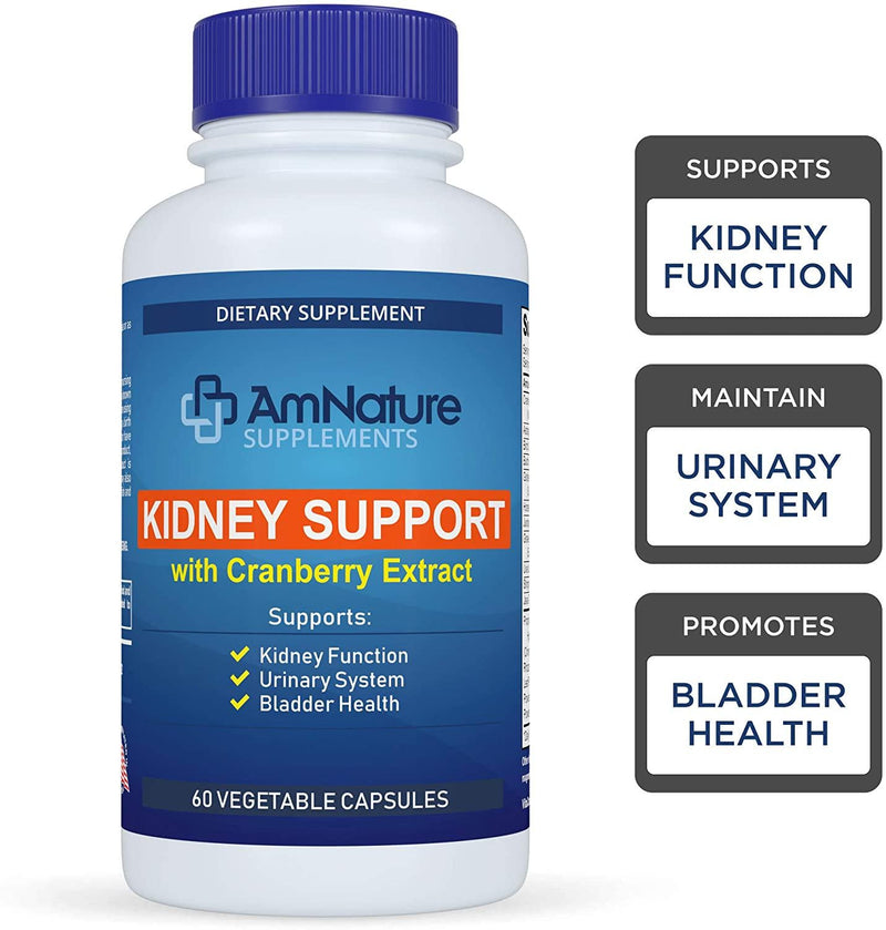 AmNature Kidney Support with Bladder Health and Urinary Tract System, Cranberry Extract Blend 20 Herbs and Nutrients Formula Supports Healthy Kidney, Pack of 60 Vegetable Capsules