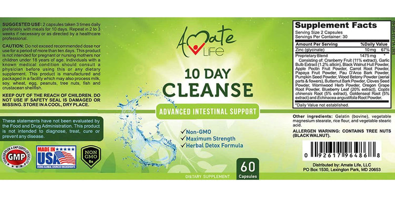 Amate Life 10 Day Intestinal Cleanse Capsules (60 Capsules) - Detox and Colon Health Support Supplement with Black Walnut, Wormwood Powder, Cranberry Extract - Digestive System Cleanser for Men and Women