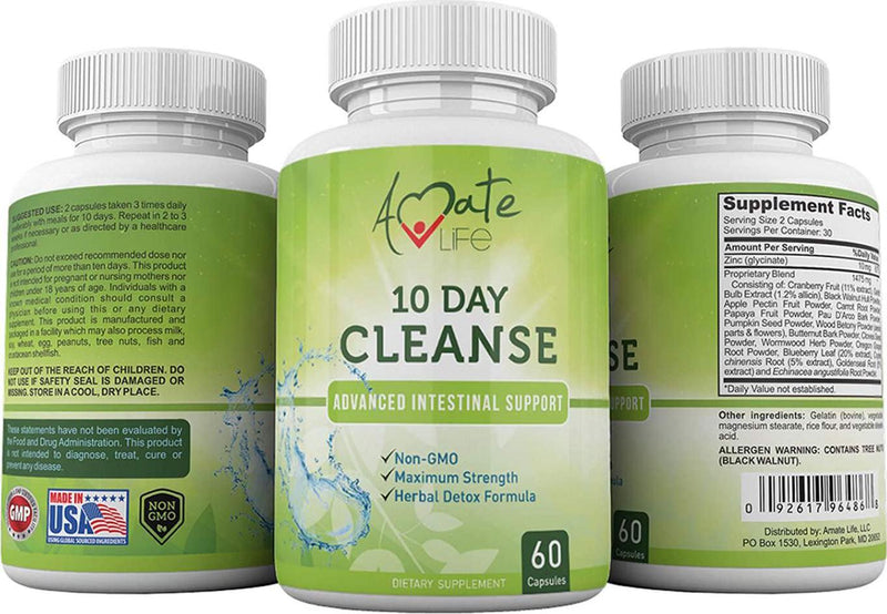 Amate Life 10 Day Intestinal Cleanse Capsules (60 Capsules) - Detox and Colon Health Support Supplement with Black Walnut, Wormwood Powder, Cranberry Extract - Digestive System Cleanser for Men and Women