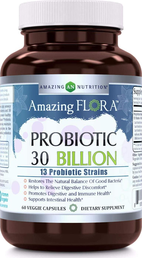 Amazing Flora Probiotic 13 Strains, 60 Veggie Capsules *Promotes Digestive and Immune Health *Supports Intestinal Health *Restores Natural Balance of Good Bacteria (30 Billion)