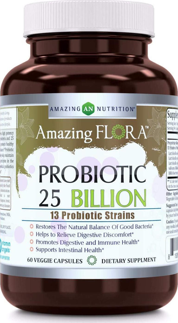 Amazing Flora Probiotic 13 Strains, 60 Veggie Capsules *Promotes Digestive and Immune Health *Supports Intestinal Health *Restores Natural Balance of Good Bacteria (25 Billion)