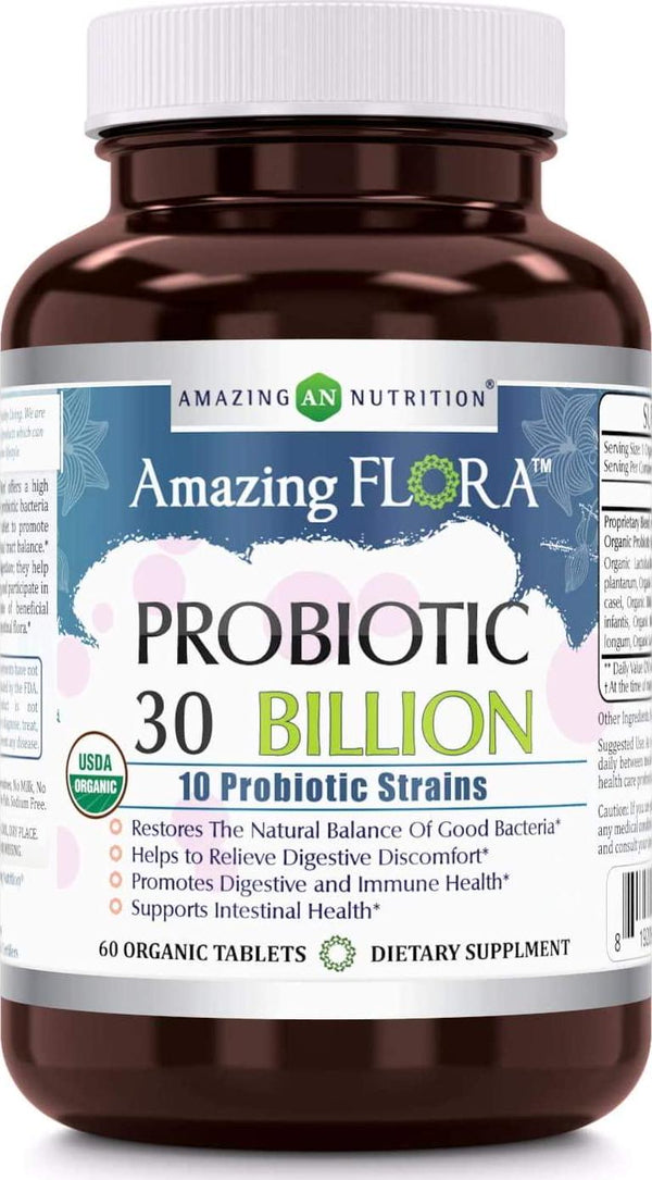 Amazing Flora - USDA Certified Organic Probiotic 30 Billion - 10 Probiotic Strains - 60 Organic Tablets - Restores The Natural Balance of Good Bacteria - Helps to Relieve Digestive Discomfort