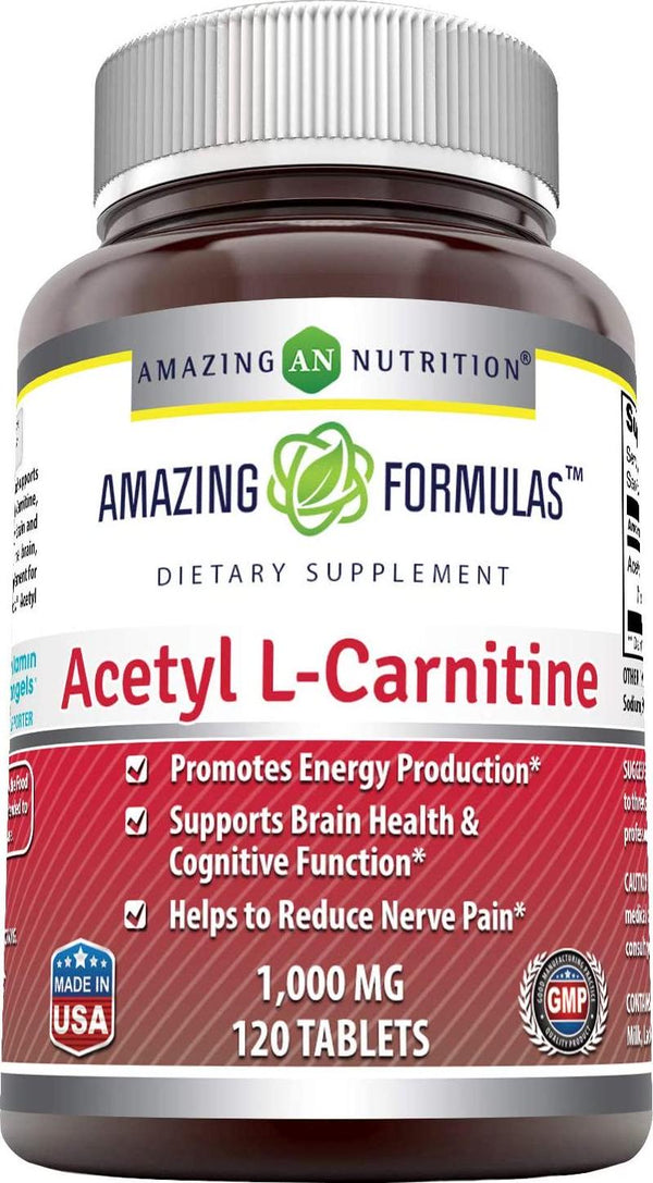 Amazing Formulas Acetyl L-Carnitine 1000 Mg 120 Tablets (Non-GMO, Gluten Free) -Promotes Energy Production-Supports Brain Health and Cognitive Function-Helps Reduce Nerve Pain