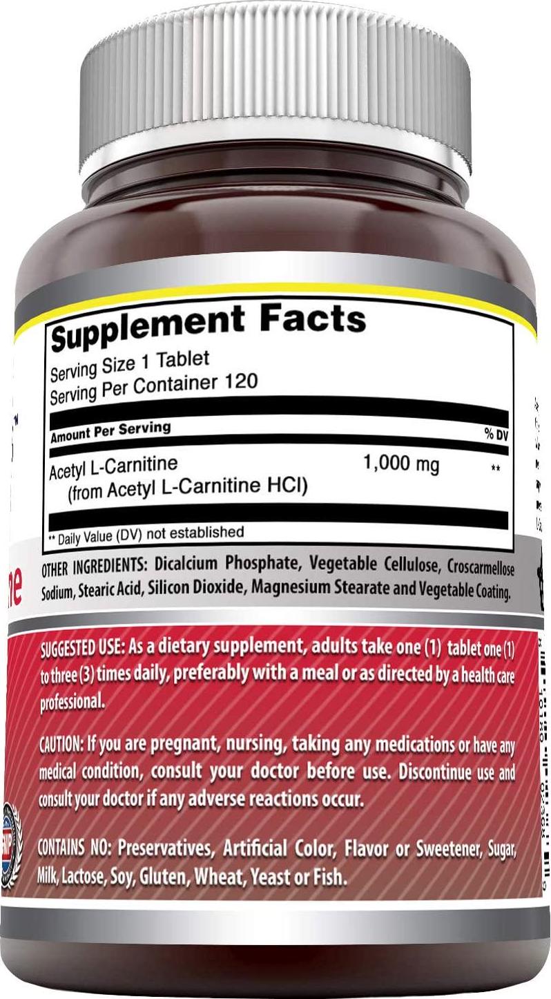 Amazing Formulas Acetyl L-Carnitine 1000 Mg 120 Tablets (Non-GMO, Gluten Free) -Promotes Energy Production-Supports Brain Health and Cognitive Function-Helps Reduce Nerve Pain