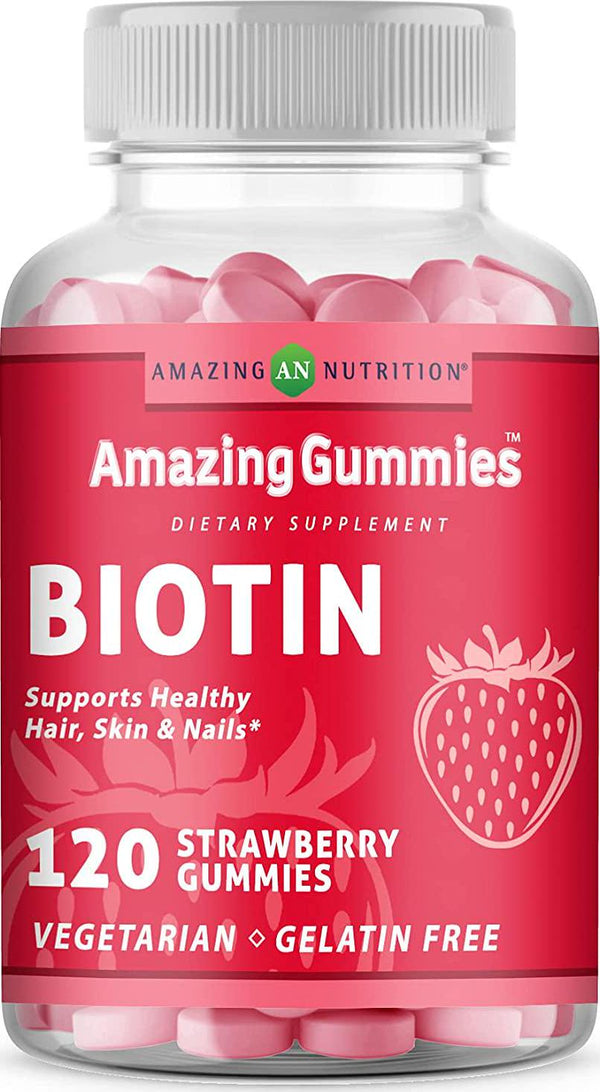 Amazing Formulas Biotin Gummies Supplement (Strawberry Flavor) - 120 Count, Gelatin-Free, Suitable for Vegetarians - Supports Healthy Skin and Nails - Promotes Stronger Hair