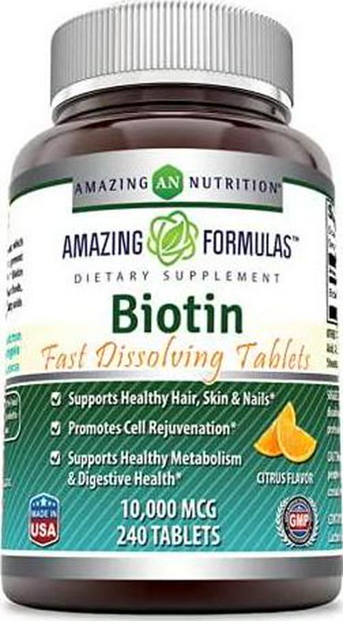 Amazing Formulas Biotin Fast Dissolving Tablets - 10000 MCG Tablets - Supports Healthy Hair, Skin and Nails - Promotes Cell Rejuvenation - Supports Healthy Metabolism (240 Count, Citrus Flavor)