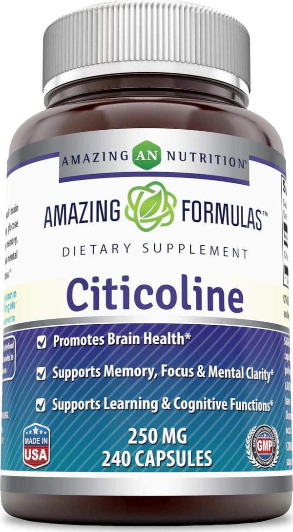 Amazing Formulas Citicoline - 250 Mg Capsules (Non-GMO) - Promotes Brain Health - Supports Memory Focus and Clarity - Supports Learning and Cognitive Functions (240 Capsules)