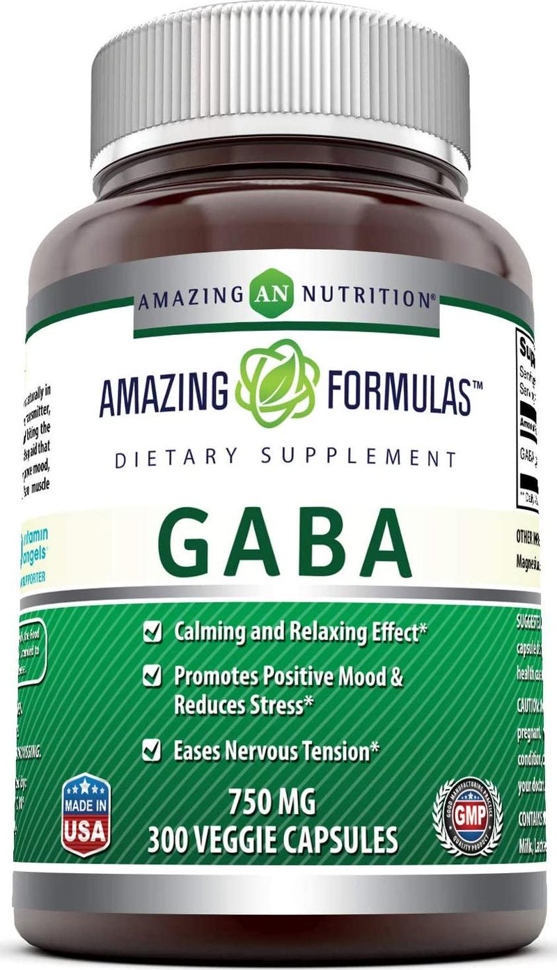 Amazing Formulas GABA - 750 Mg, Veggie Capsules - Calming and Relaxing Effect - Promotes Positive Mood and Releases Stress - Eases Nervous Tension* (300 Count)