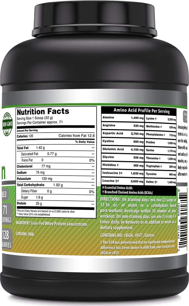 Amazing Formulas Grass FED Whey Protein 5 Lbs (Non-GMO, Gluten Free) -Made with Natural Sweetener and Flavor - rBGH and RBST Free -Supports Energy Production and Muscle Growth (Unflavored, 5 Lb)