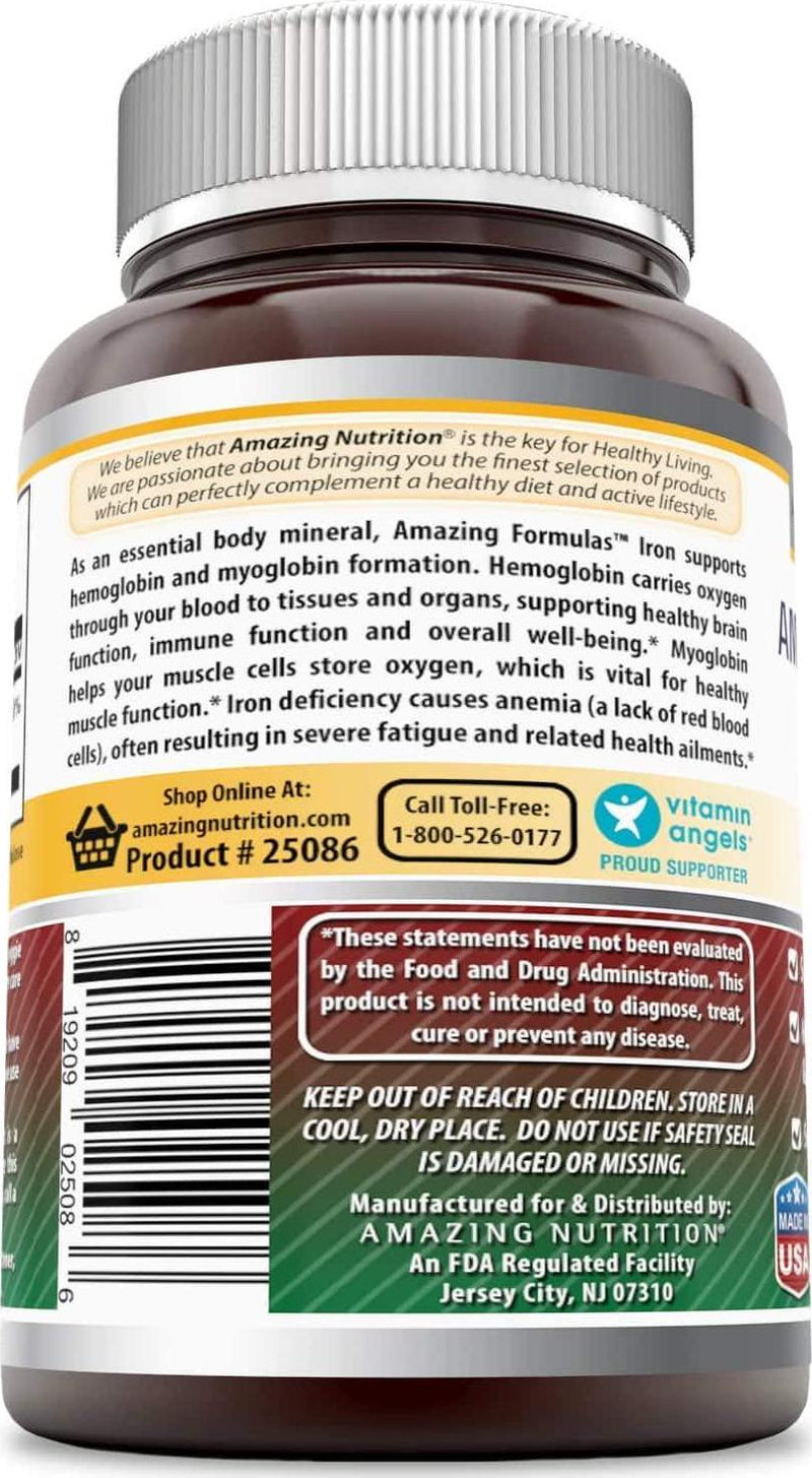 Amazing Formulas Iron as Iron Bisglycinate - 25 Mg Veggie Capsules - Supports Oxygen Supply to Tissues and Organs - Helps in The Formation of Hemoglobin and Myoglobin. (90 Veggie Capsules)
