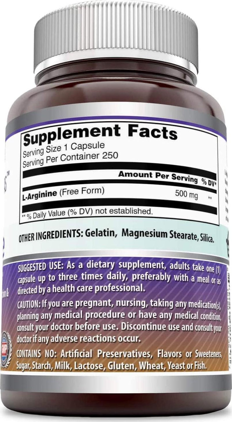 Amazing Formulas L Arginine 500mg Supplement - Best Amino Acid Arginine HCL Supplements for Women and Man - Promotes Circulation and Supports Cardiovascular Health - 250 Capsules