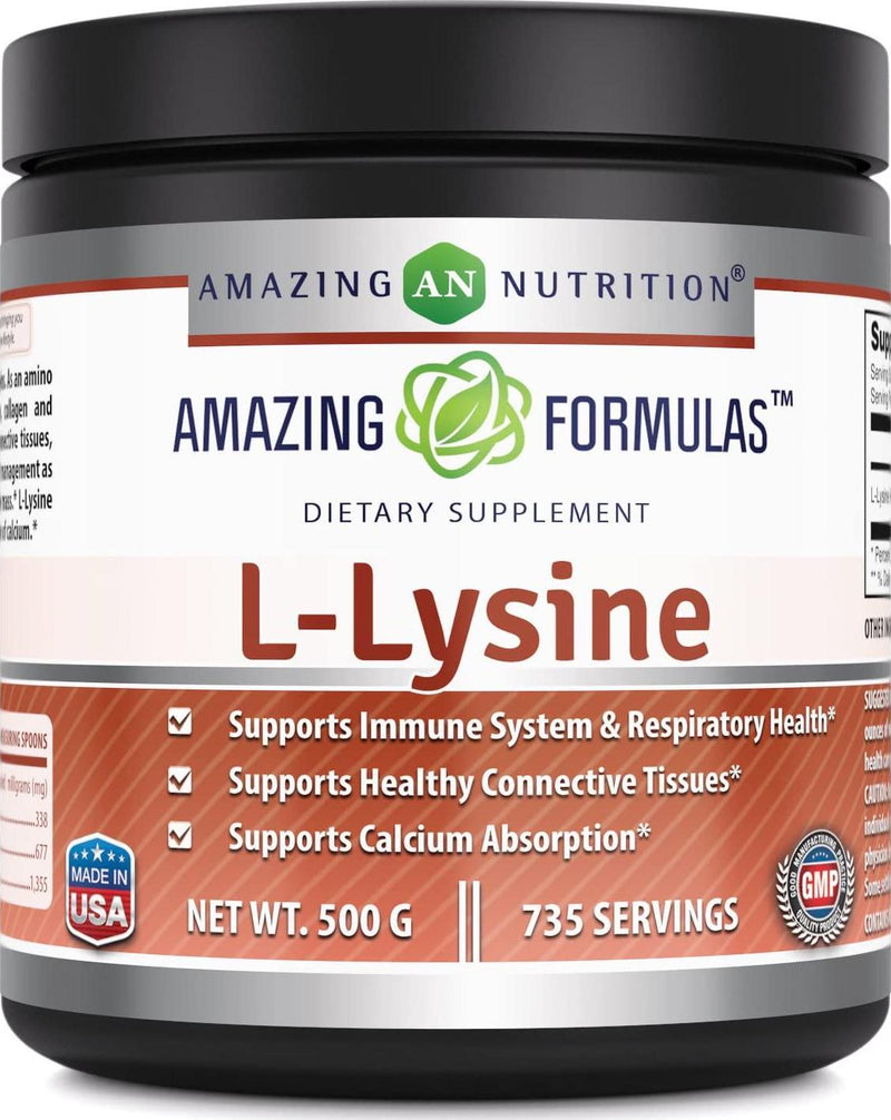 Amazing Formulas L-Lysine 500mg Amino Acid Vitamin Powder - Commonly Used for Cold Sores, Immune Support, Respiratory Health and More (Non-GMO,Gluten Free)