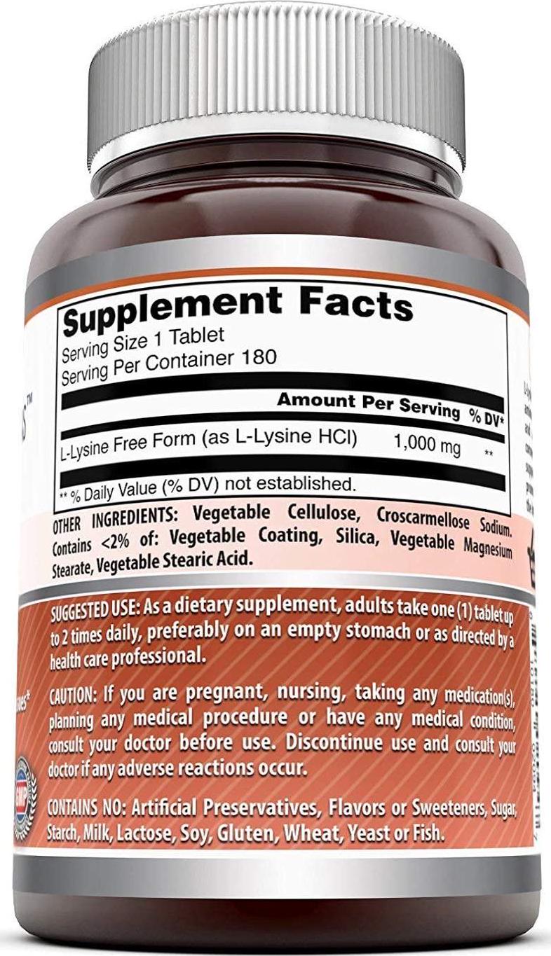 Amazing Formulas L-Lysine 1000mg Amino Acid Vitamin Tablets - Commonly Used for Cold Sores, Shingles, Immune Support, Respiratory Health and More (180 Count (Pack of 2))