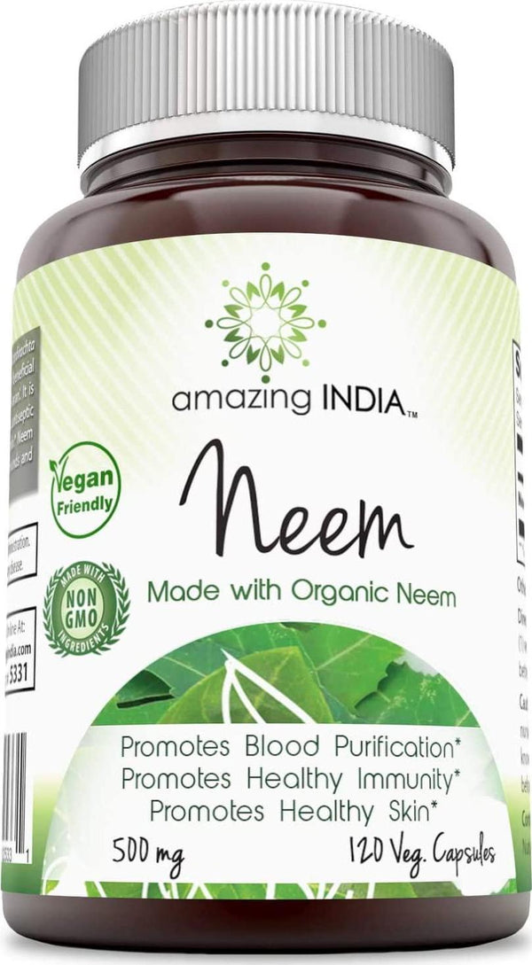 Amazing India Neem (Made with Organic Neem Leaf) 500 mg 120 Veggie Capsules (Non-GMO) Raw, Vegetarian- Gluten-Free, Plant-Based Nutrition - Promotes Blood Purification, Healthy Immunity and Healthy Skin