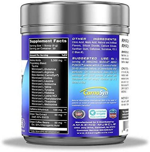 Amazing Muscle Amino Punch 5500 Mg Per Serving of Amino Acids with Stevia -Contains Beta Alanine, Caffeine, Green Tea Extract, Green Coffee Bean - 30 Servings (Blue Raspberry)