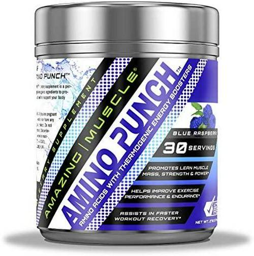 Amazing Muscle Amino Punch 5500 Mg Per Serving of Amino Acids with Stevia -Contains Beta Alanine, Caffeine, Green Tea Extract, Green Coffee Bean - 30 Servings (Blue Raspberry)
