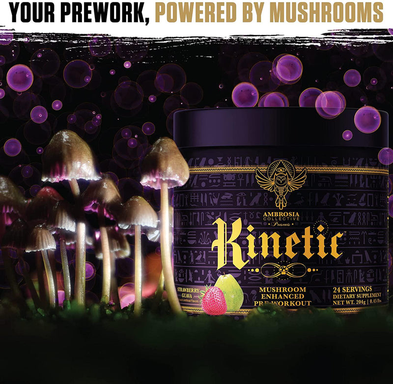 Ambrosia Kinetic Organic Preworkout, Mushroom Enhanced Natural Pre Workout Supplement, Nootropic Superfood Powder for Energy (Strawberry Guava)