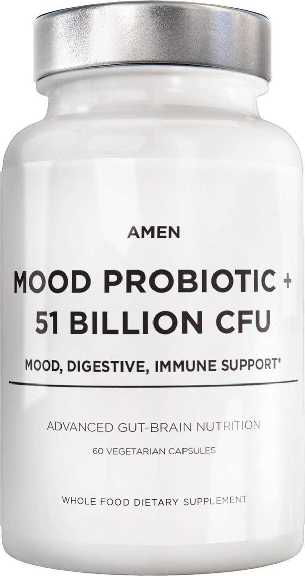 Amen Mood Probiotics + 51 Billion CFU - Mood Digestive and Immune Support - Acidophilus Probiotic Supplement - Promotes Emotional Health, Relaxation, Digestive Balance, Gluten Free - 60 Veggie Capsules