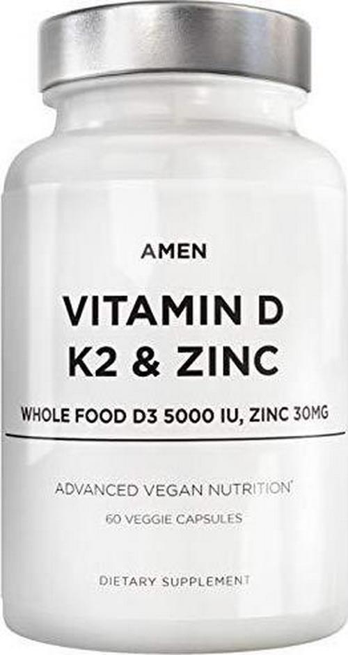 Amen Vitamin D, K2 and Zinc, Cholecalciferol D3 5000 IU, Organic Whole Food Blend with Apple, Blueberry, Cranberry, Elderberry Powder Fruits, Vegan Supplement, D3 K2 Vitamins, Non-GMO - 60 Capsules