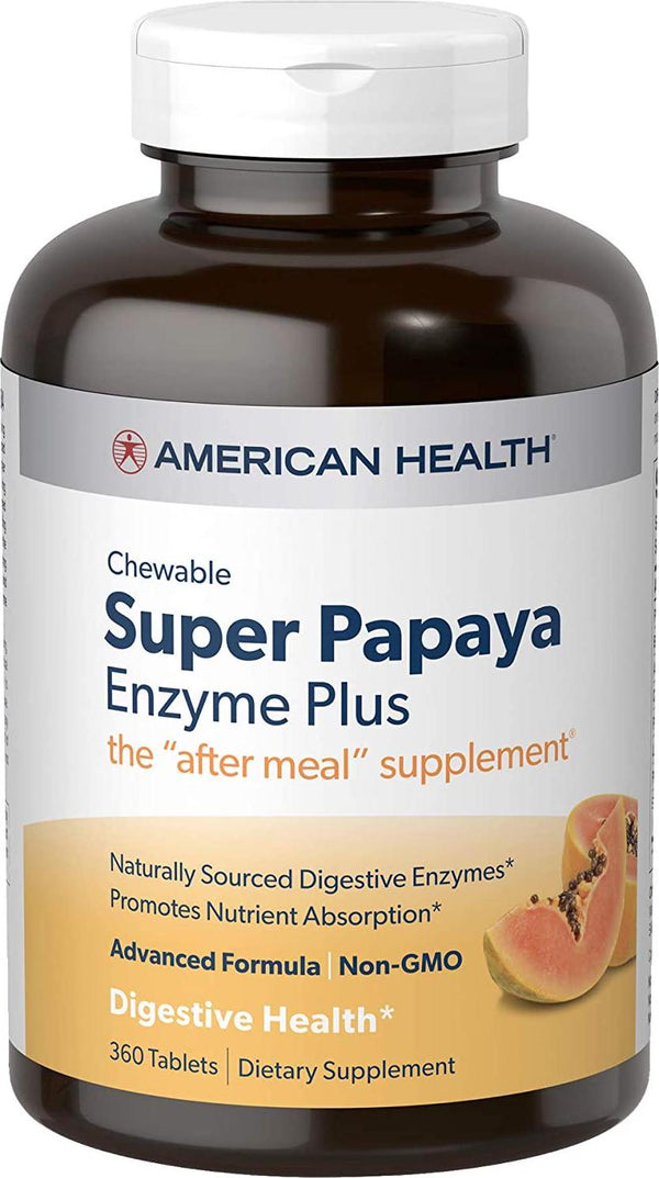 American Health Super Papaya Plus Digestive Enzyme Chewable Tablets, Natural Papaya Flavor - Helps with Digestion and Nutrient Absorption, Contains Papain and Other Enzymes - 360 Count, 120 Total Servings