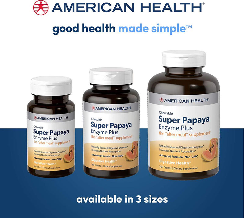 American Health Super Papaya Plus Digestive Enzyme Chewable Tablets, Natural Papaya Flavor - Helps with Digestion and Nutrient Absorption, Contains Papain and Other Enzymes - 360 Count, 120 Total Servings