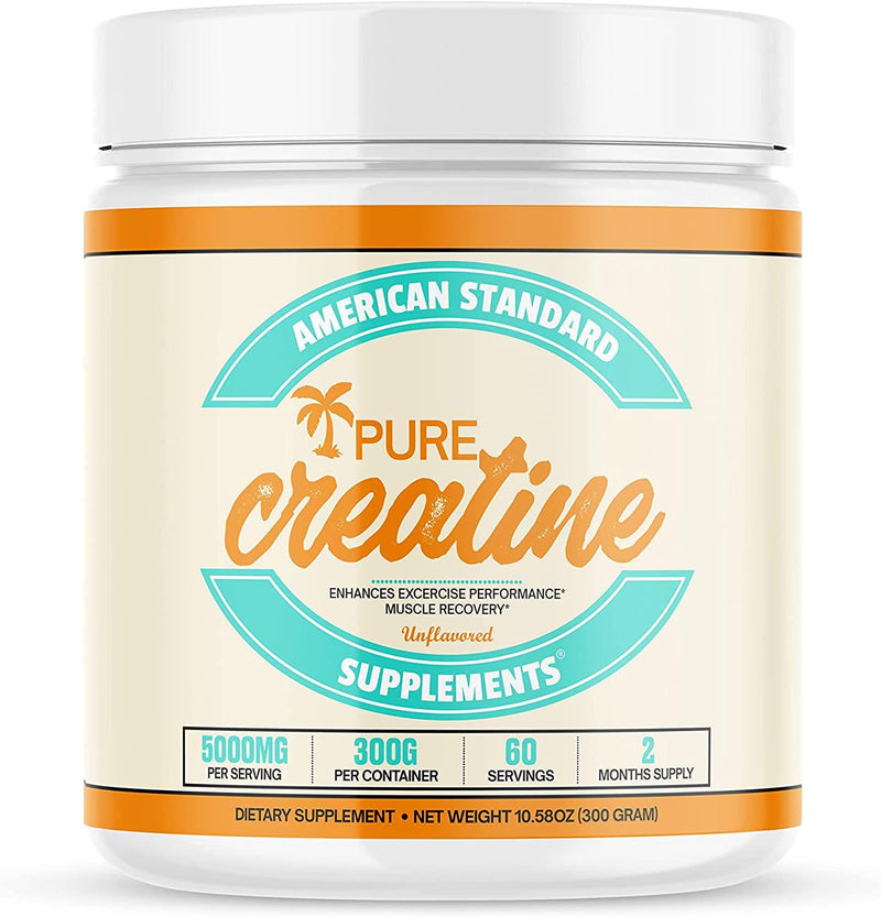 American Standard Supplements Pure Creatine Monohydrate Micronized Powder, Unflavored, Muscle Growth and Recovery, Performance, Endurance, Strength, Workout, 5000mg per Serving, 60 Servings, 300 Gram
