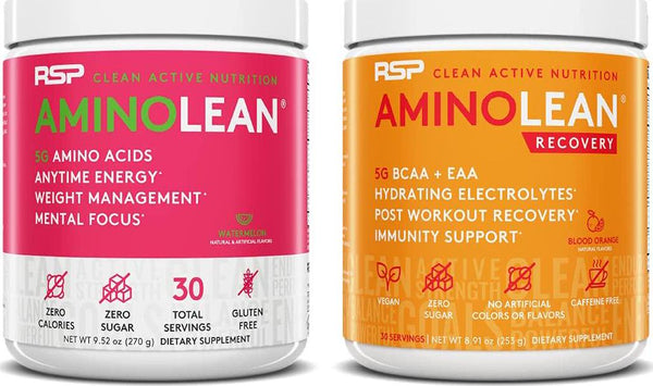 AminoLean Pre Workout Energy (Watermelon 30 Servings) with AminoLean Recovery Post Workout Boost (Blood Orange 30 Servings)