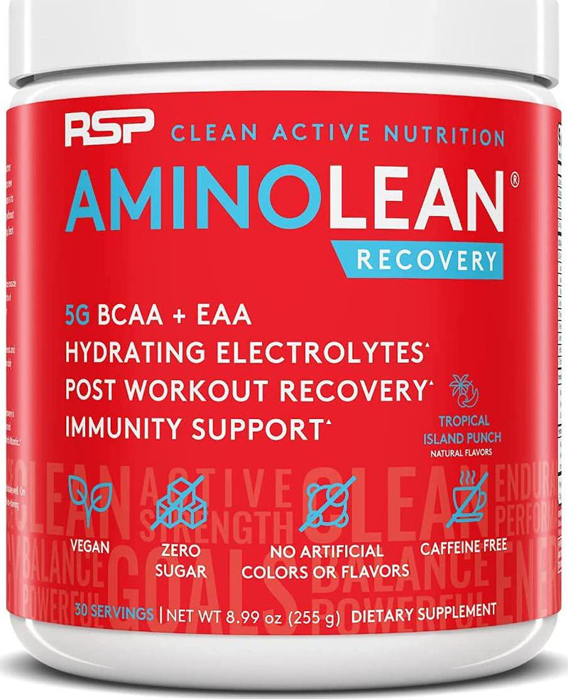 AminoLean Pre Workout Energy (Blue Raspberry 30 Servings) with AminoLean Recovery Post Workout Boost (Tropical Island Punch 30 Servings)