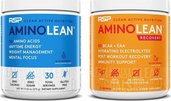 AminoLean Pre Workout Energy (Blue Raspberry 30 Servings) with AminoLean Recovery Post Workout Boost (Blood Orange 30 Servings)