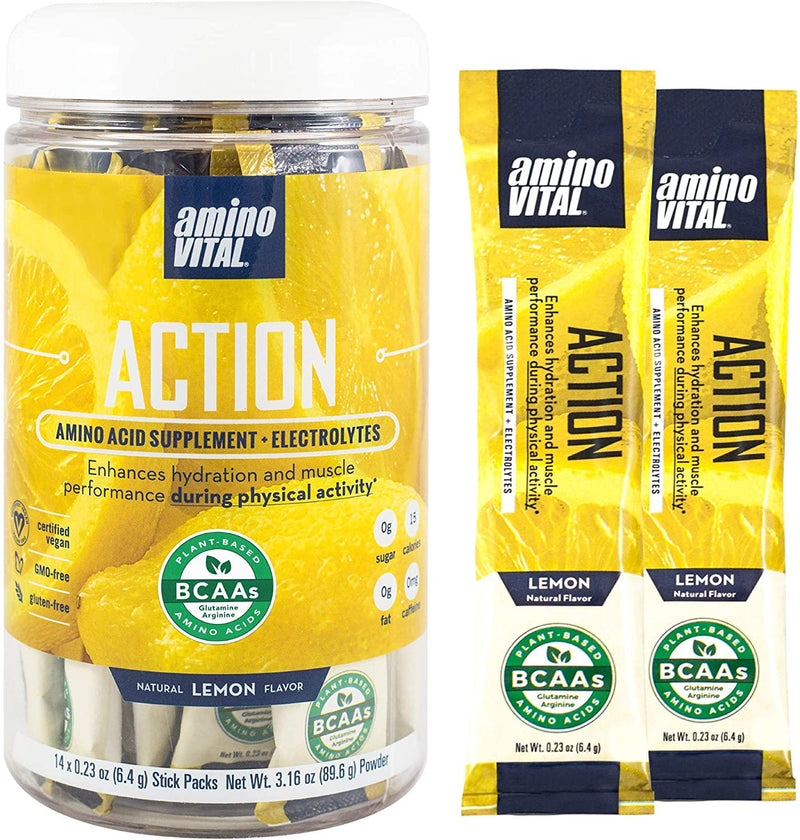 Amino VITAL Action- BCAA Amino Acid Drink Mix | Single Serve Pre Workout Packets for Energy and Hydration | No Caffeine, Keto, Vegan Supplement | 28 Stick Packs | Grape and Lemon