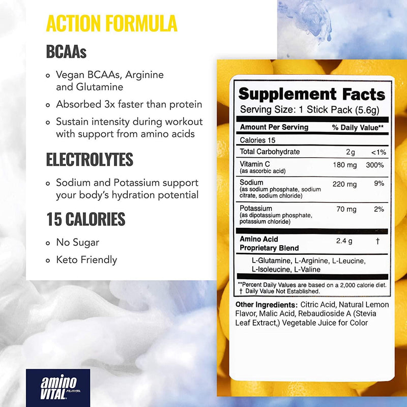 Amino VITAL Action- BCAA Amino Acid Drink Mix | Single Serve Pre Workout Packets for Energy and Hydration | No Caffeine, Keto, Vegan Supplement | 28 Stick Packs | Grape and Lemon