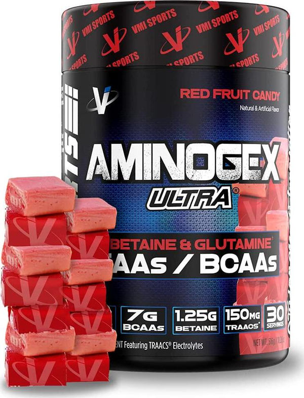 Aminogex Ultra | BCAA Powder | Amino Acids + Betaine and Glutamine | Amino Acid Post Workout Recovery Drink | Intra Workout Drink with Electrolytes | (30 Servings) (Red Fruit Candy, 18.2 Ounces)