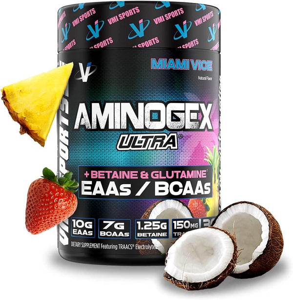 Aminogex Ultra | BCAA Powder | Amino Acids + Betaine and Glutamine | Amino Acid Post Workout Recovery Drink | Intra Workout Drink with Electrolytes | (30 Servings)(Miami Vice, 18.2 Ounces)